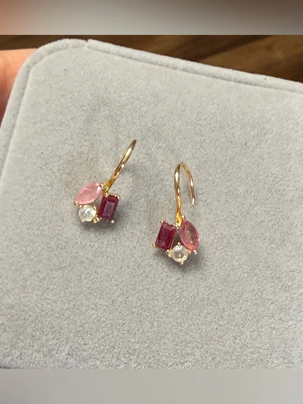 Stunning Natural 1.10CT Red & Pink Ruby & Topaz French Hook 18K Gold Earrings